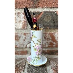 Vintage Porcelain Hat Pin Holder Floral Gold Trim Vanity Stand w/Decorative Pins